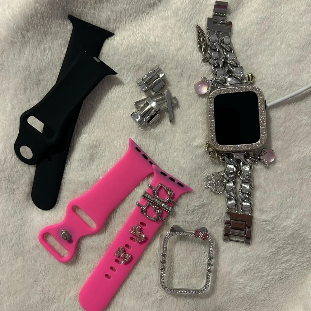 Apple Smartwatch Accessories with Pink and Black Bands and Silver Chain Bracelet